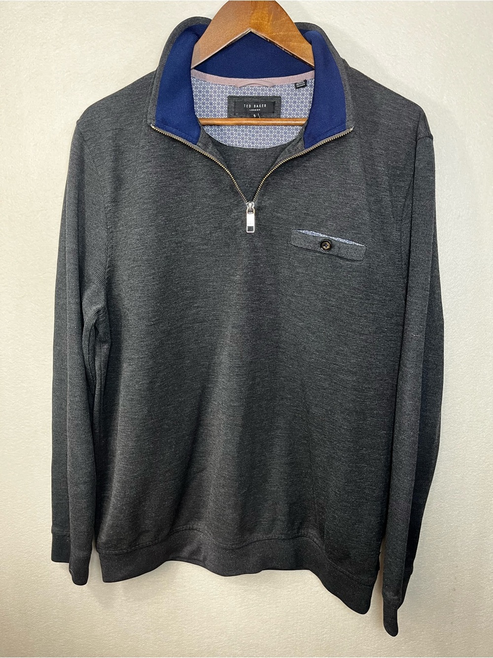 Ted Baker Charcoal Gray Quarter-Zip Sweater with Navy Collar